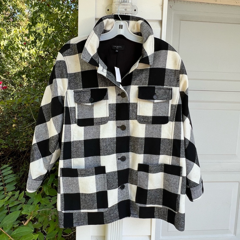 NWT Talbots Gorgeous Black White Lined Buffalo Plaid Wool Blend Coat Pockets